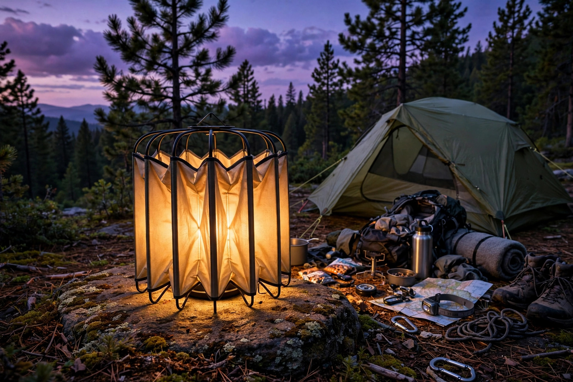 A glowing collapsible camp lantern on a flat rock beside a tent at a twilight backcountry campsite, warm light pooling over camping gear