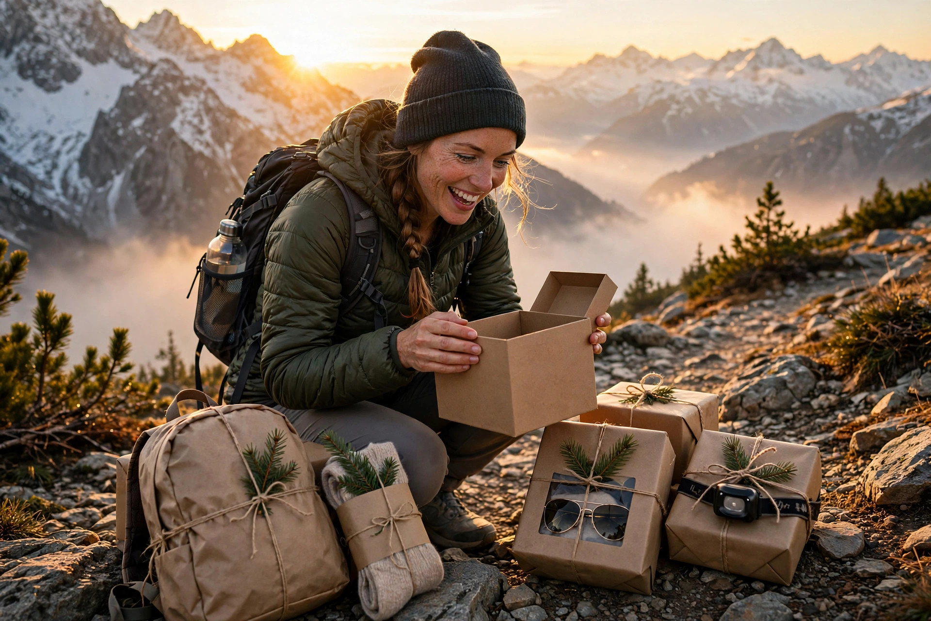 Woman hiker opening a gift box on a mountain trail at sunrise, surrounded by wrapped hiking gifts