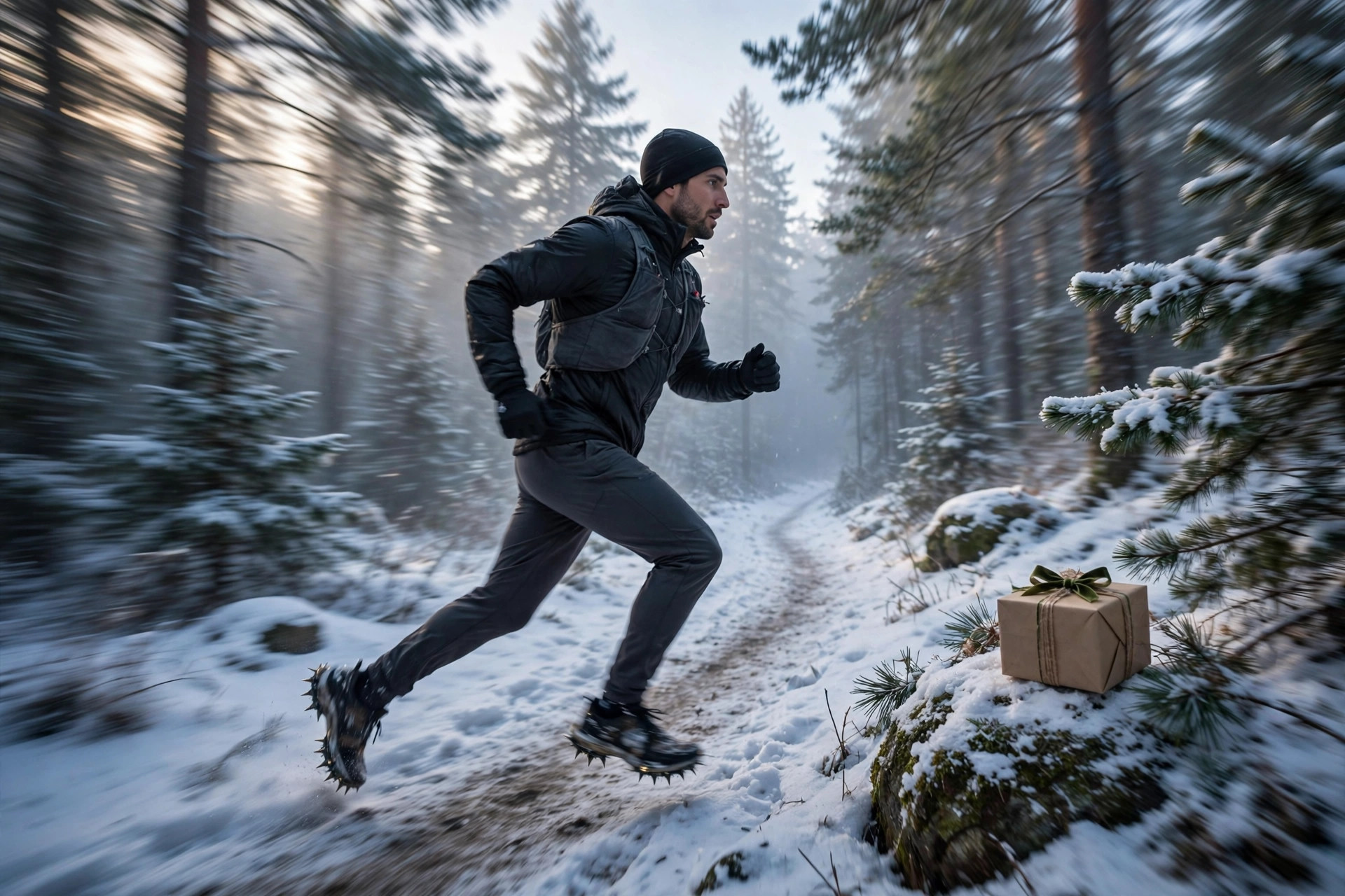 Trail runner sprinting on a snowy forest trail at dawn wearing winter traction devices, with a wrapped gift box beside the trail