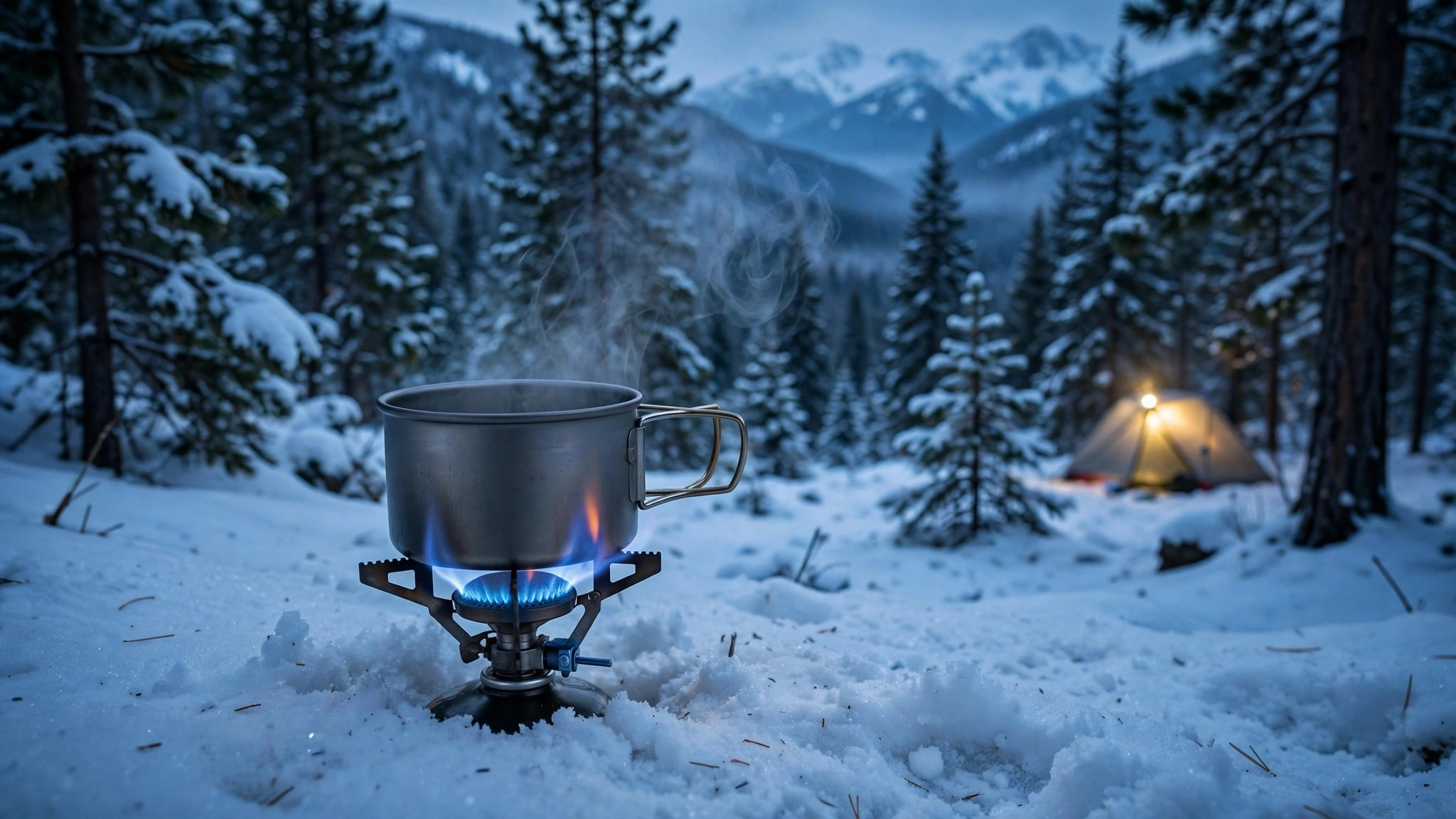 Backpacking stove with blue flame burning on fresh snow at a winter backcountry campsite, titanium pot steaming, glowing tent in background