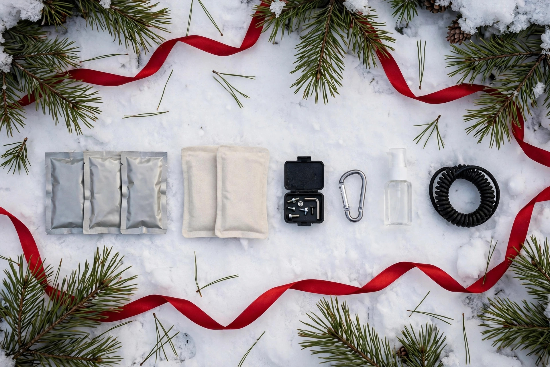 Tiny backpacking gear arranged as stocking stuffers: energy gels, hand warmers, repair patches, mini carabiner, and camp soap with pine branches
