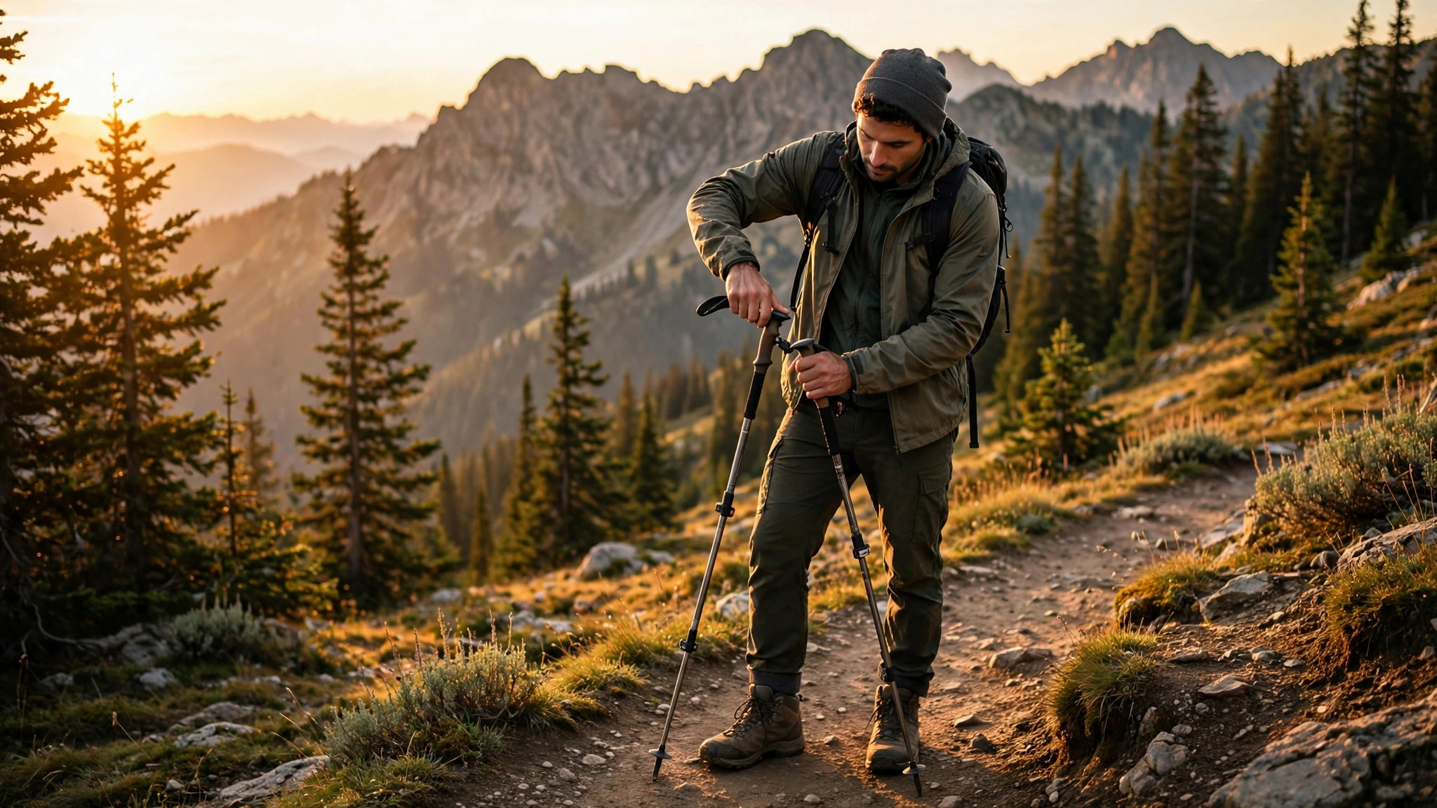 Hiker adjusting trekking poles on a mountain trail at golden hour