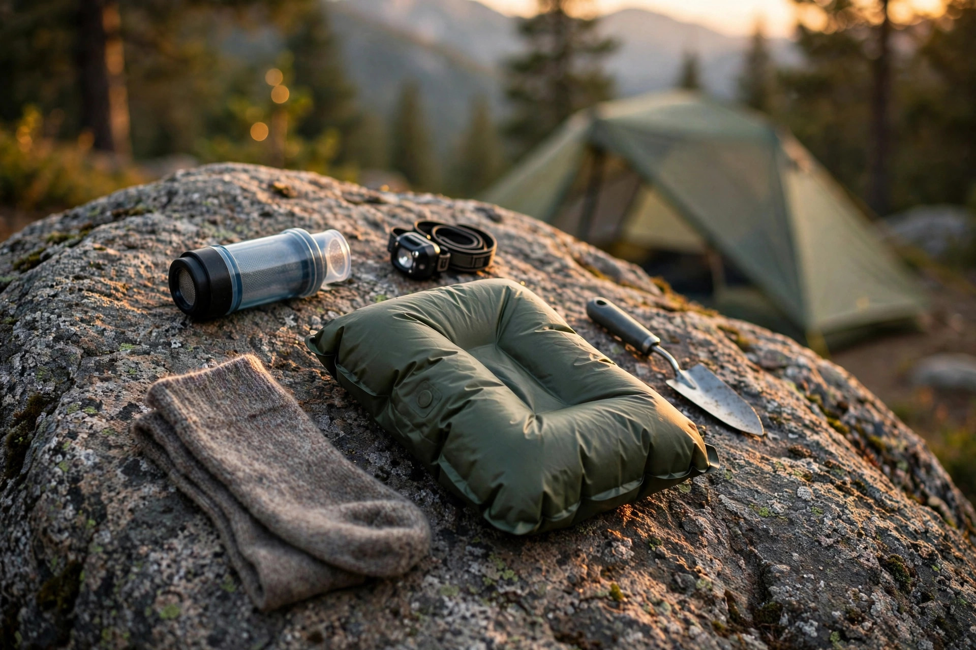 Backpacking gear laid out on a trail: water filter, headlamp, inflatable pillow, trowel, and socks at a campsite