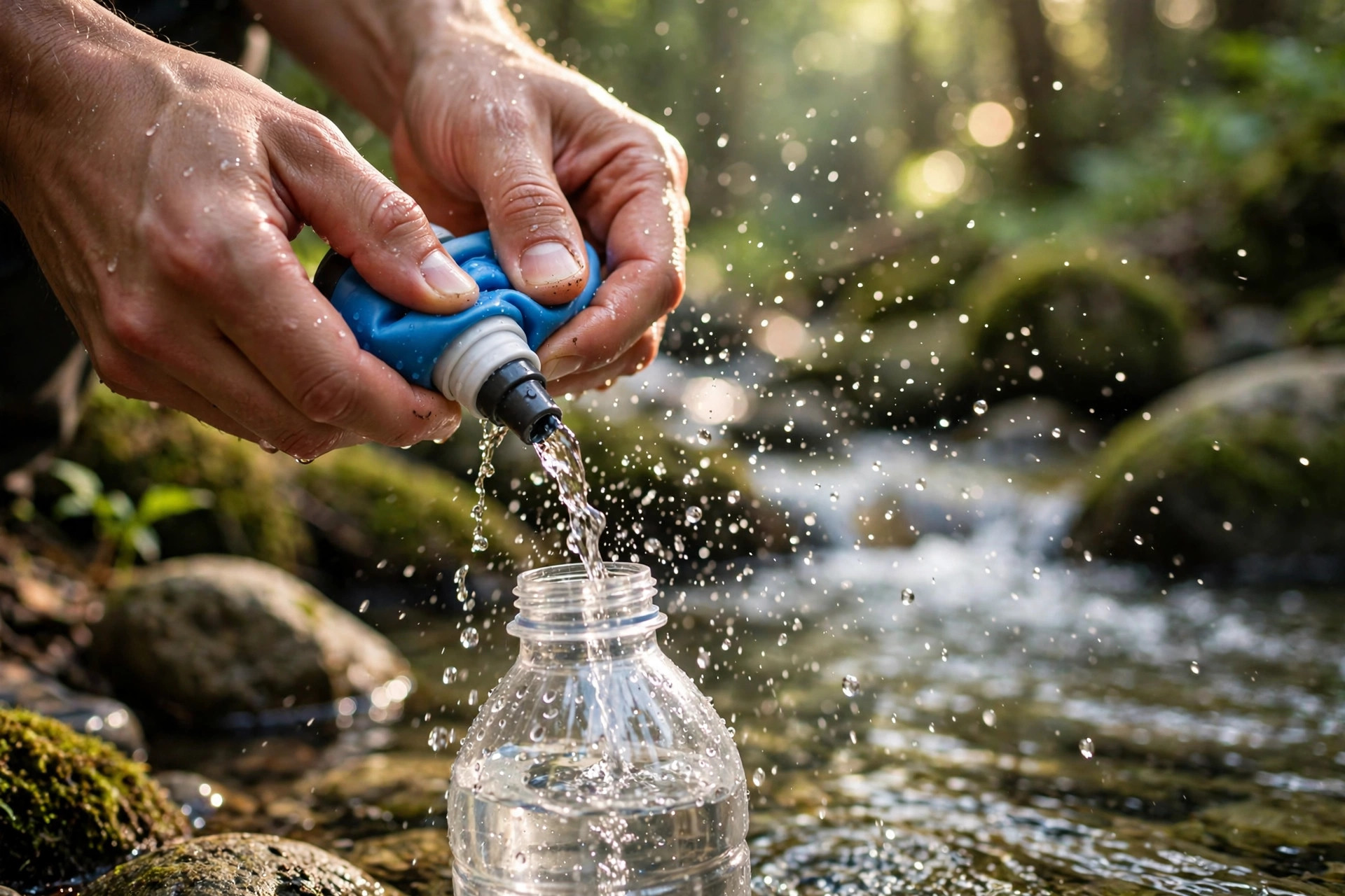 Hiker filtering water from a mountain stream